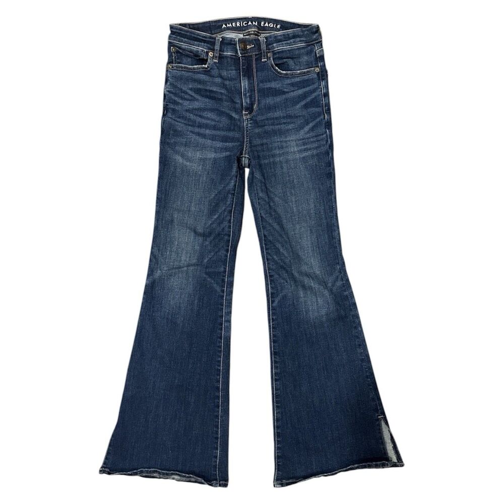 American Eagle Next Level Stretch Flare Jeans Sz 2 Short Dark Wash Split Hem